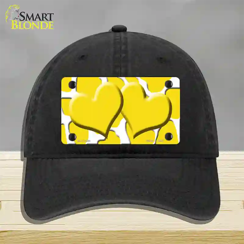 Yellow White Giraffe Yellow Centered Hearts Novelty License Plate Hat Unconstructed Cotton / Black