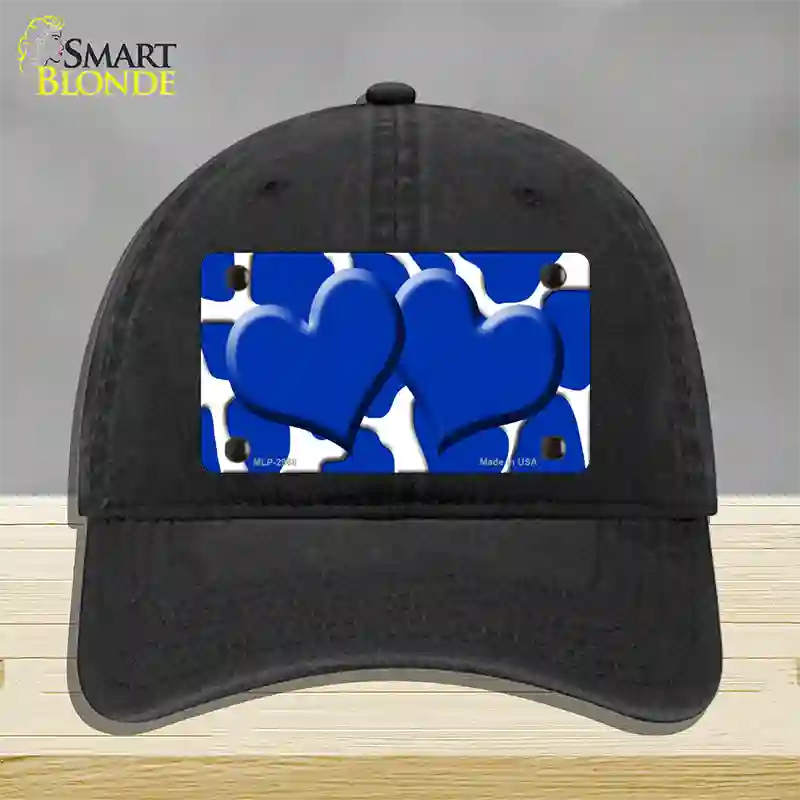 Blue White Giraffe Blue Centered Hearts Novelty License Plate Hat Unconstructed Cotton / Black