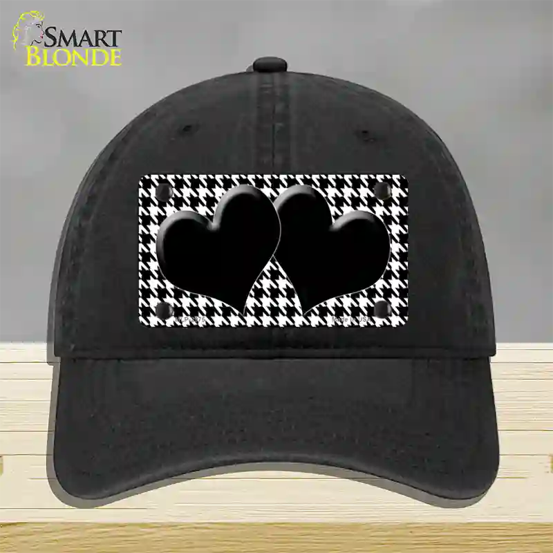 White Black Houndstooth Black Center Hearts Novelty License Plate Hat Unconstructed Cotton / Black