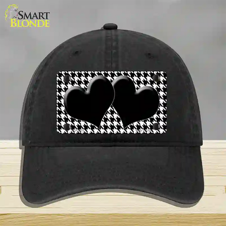 White Black Houndstooth Black Center Hearts Novelty License Plate Hat Unconstructed Cotton / Black