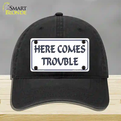 Here Comes Trouble Novelty License Plate Hat Unconstructed Cotton / Black