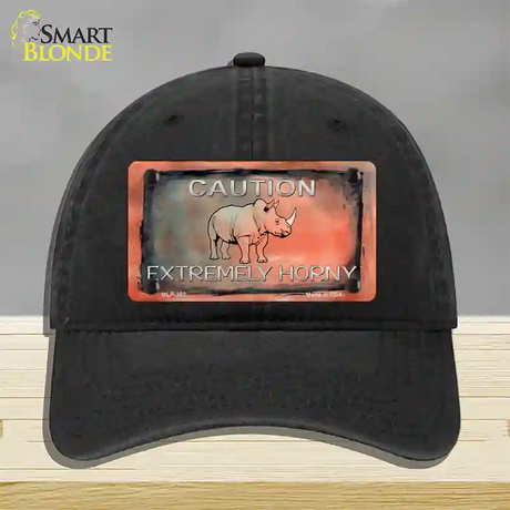 Caution Extremely Horny Novelty License Plate Hat Unconstructed Cotton / Black