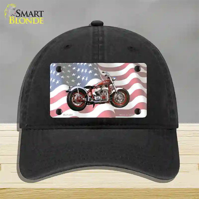 Indian Motorcycle American Flag Novelty License Plate Hat Unconstructed Cotton / Black