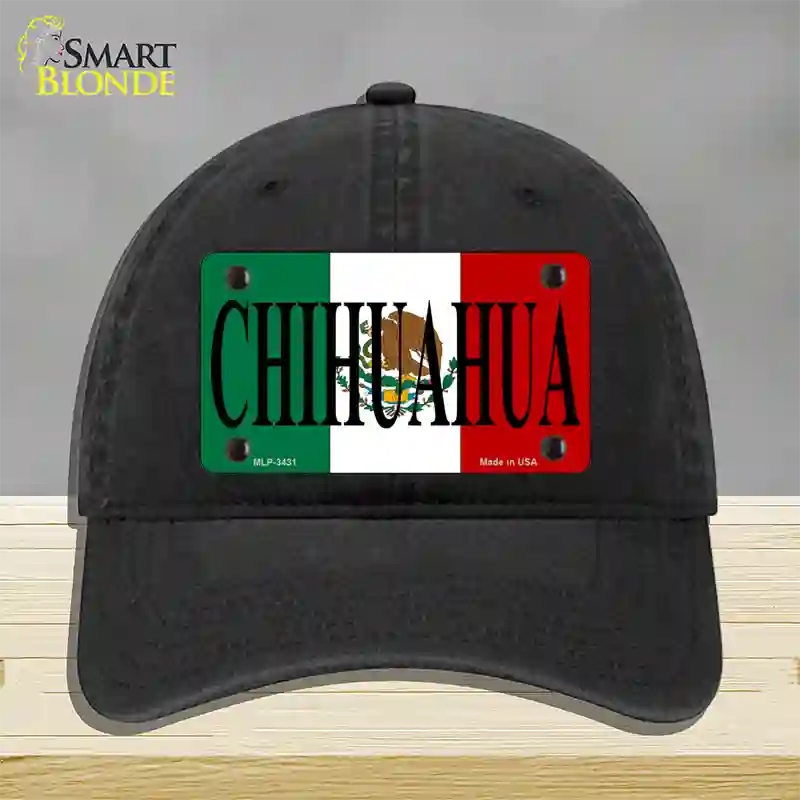 Chihuahua Mexico Flag Novelty License Plate Hat Unconstructed Cotton / Black