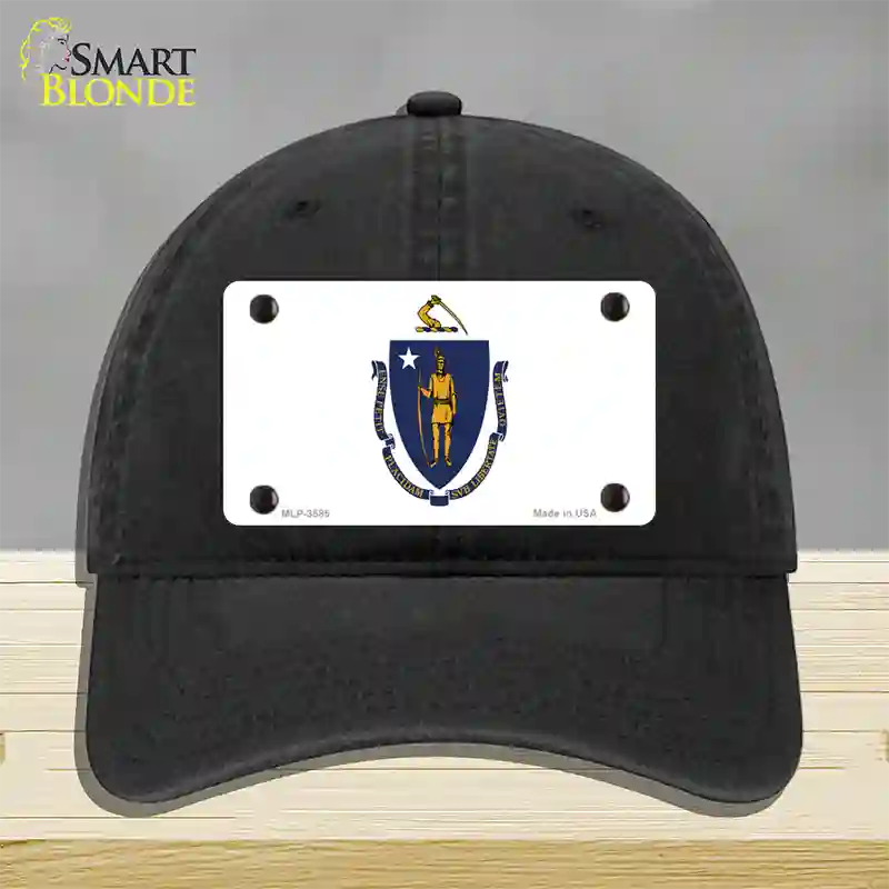 Massachusetts State Flag Novelty License Plate Hat Unconstructed Cotton / Black