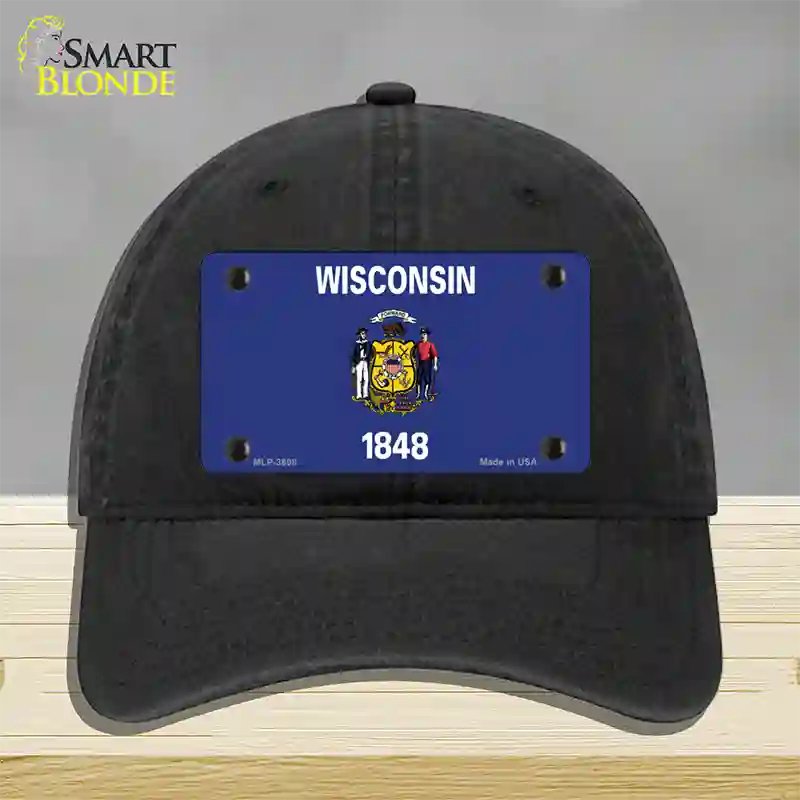 Wisconsin State Flag Novelty License Plate Hat Unconstructed Cotton / Black