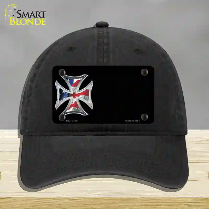 American Flag Maltese Cross Offset Novelty License Plate Hat Unconstructed Cotton / Black