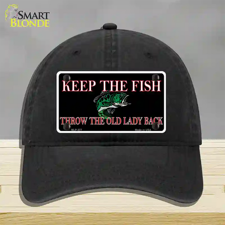 Keep the Fish Novelty License Plate Hat Unconstructed Cotton / Black