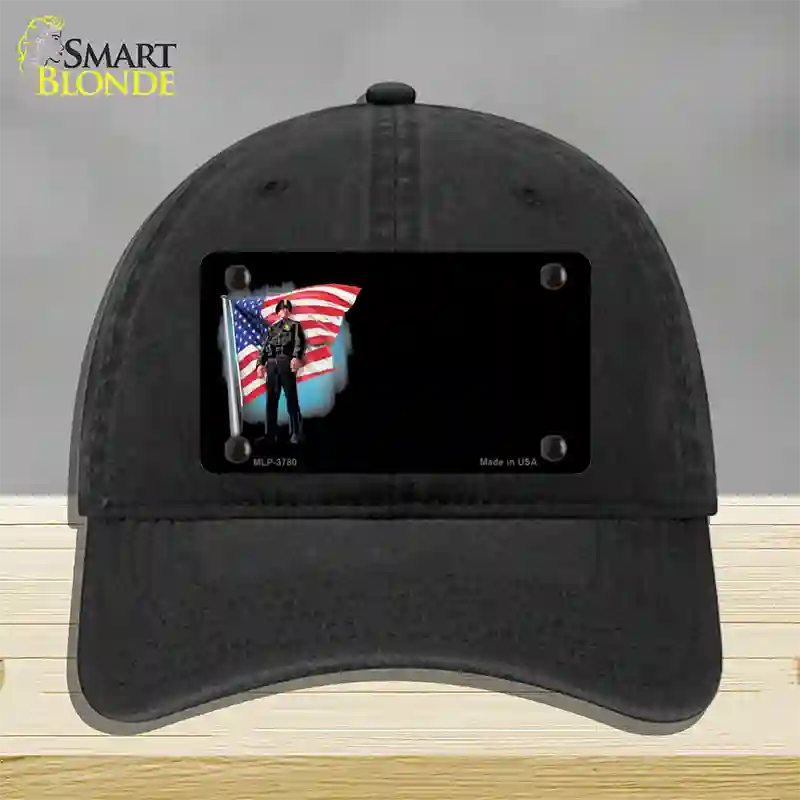 Police Officer American Flag Offset Novelty License Plate Hat Unconstructed Cotton / Black