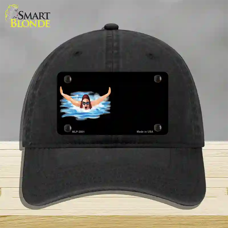 Female Swimmer Offset Novelty License Plate Hat Unconstructed Cotton / Black