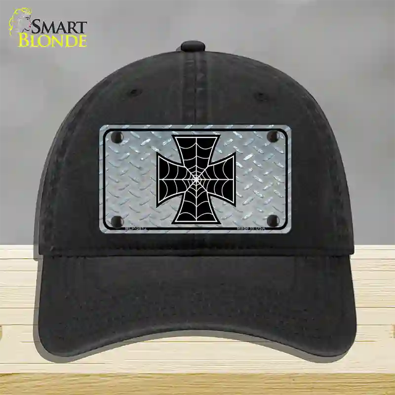 Maltese Cross Spider Web Novelty License Plate Hat Unconstructed Cotton / Black