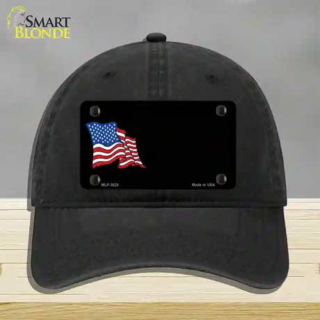 American Flag Offset Novelty License Plate Hat Unconstructed Cotton / Black