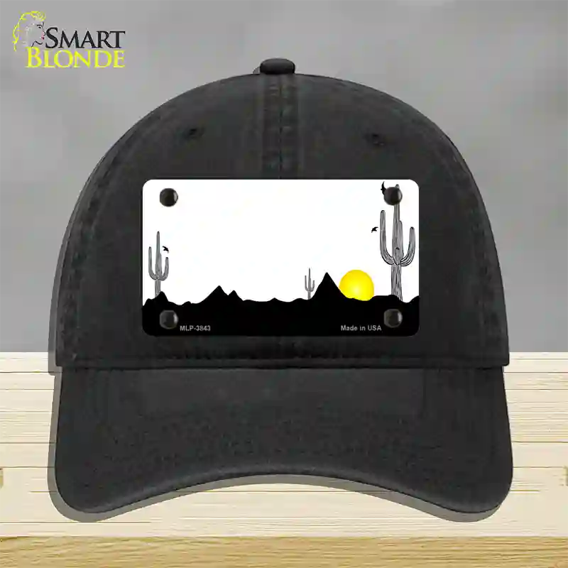 Southwest Cactus Sunrise White Novelty License Plate Hat Unconstructed Cotton / Black