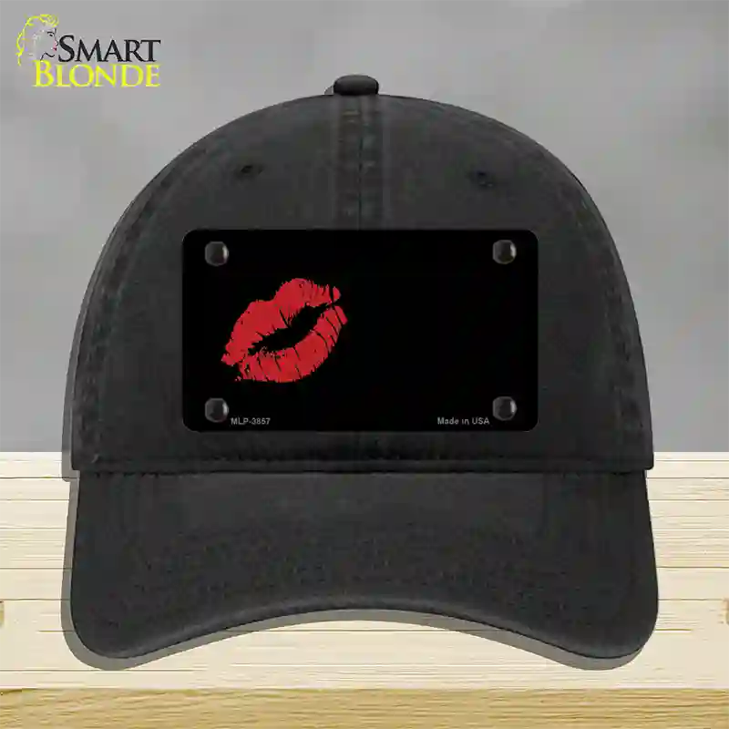 Red Lips Offset Novelty License Plate Hat Unconstructed Cotton / Black