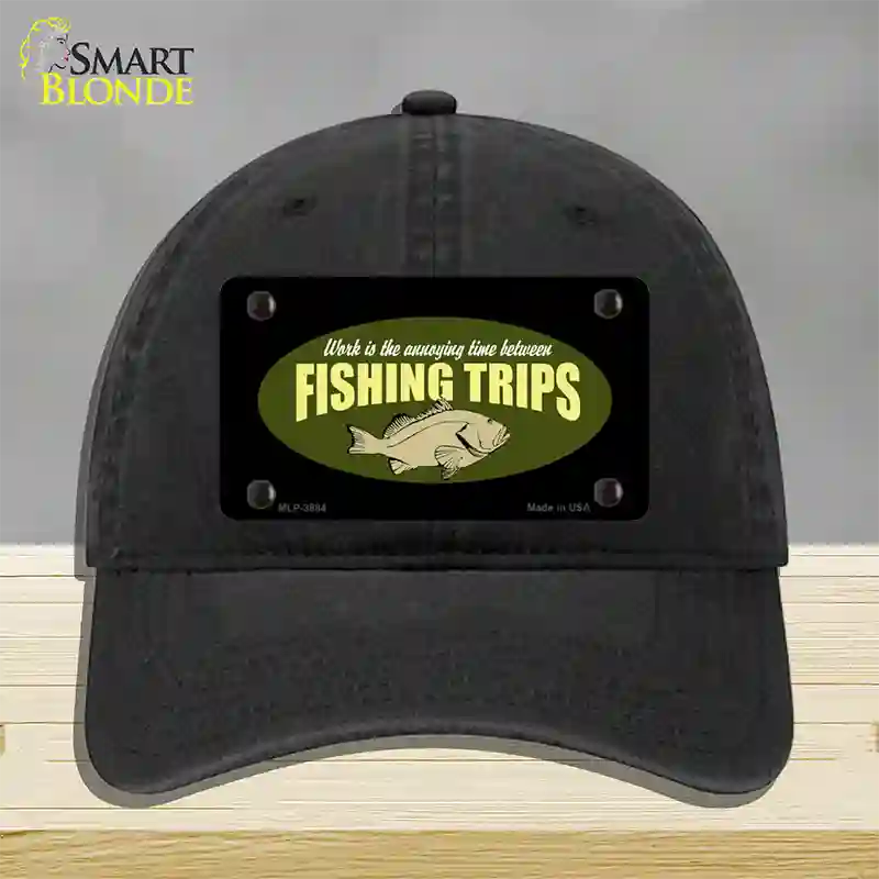 Fishing Trips Novelty License Plate Hat Unconstructed Cotton / Black