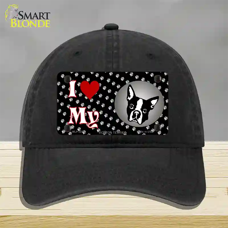 I Love My Boston Terrier Novelty License Plate Hat Unconstructed Cotton / Black