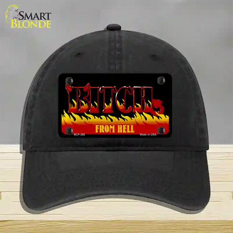 Bitch From Hell Flames Novelty License Plate Hat Unconstructed Cotton / Black