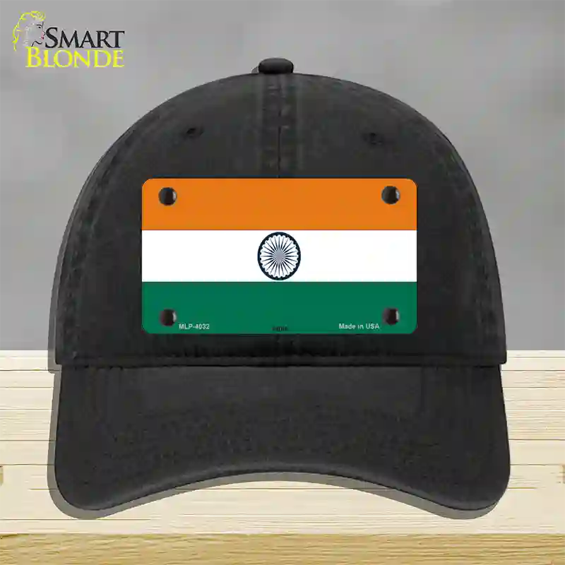 India Flag Novelty License Plate Hat Unconstructed Cotton / Black