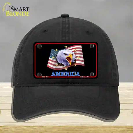 Waving Flag Bald Eagle Black Novelty License Plate Hat Unconstructed Cotton / Black