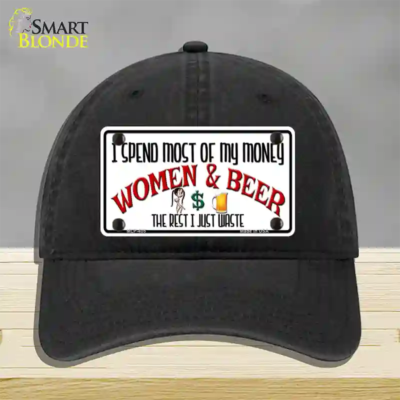 Money On Women And Beer Novelty License Plate Hat Unconstructed Cotton / Black