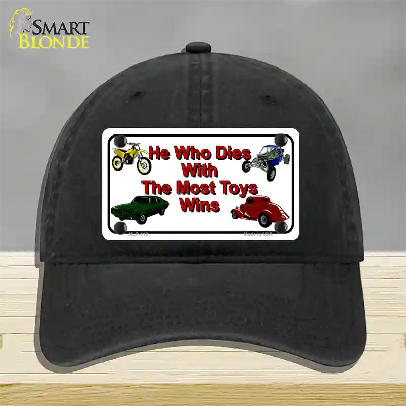 He With The Most Toys Wins Novelty License Plate Hat Unconstructed Cotton / Black