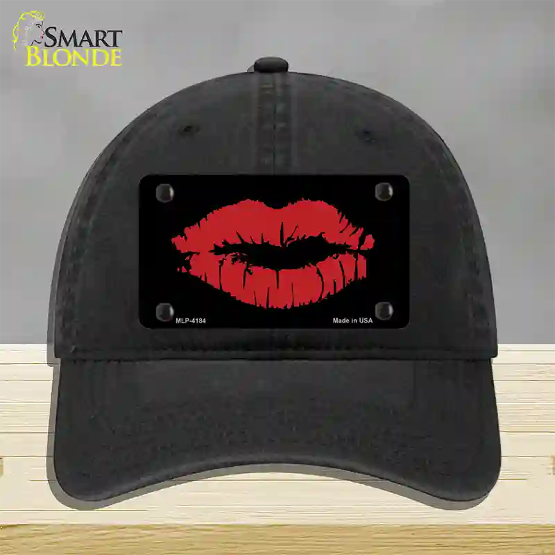 Full Red Lips Novelty License Plate Hat Unconstructed Cotton / Black