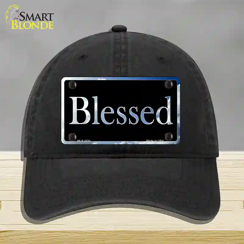 Blessed Blue Sky Cloud Novelty License Plate Hat Unconstructed Cotton / Black