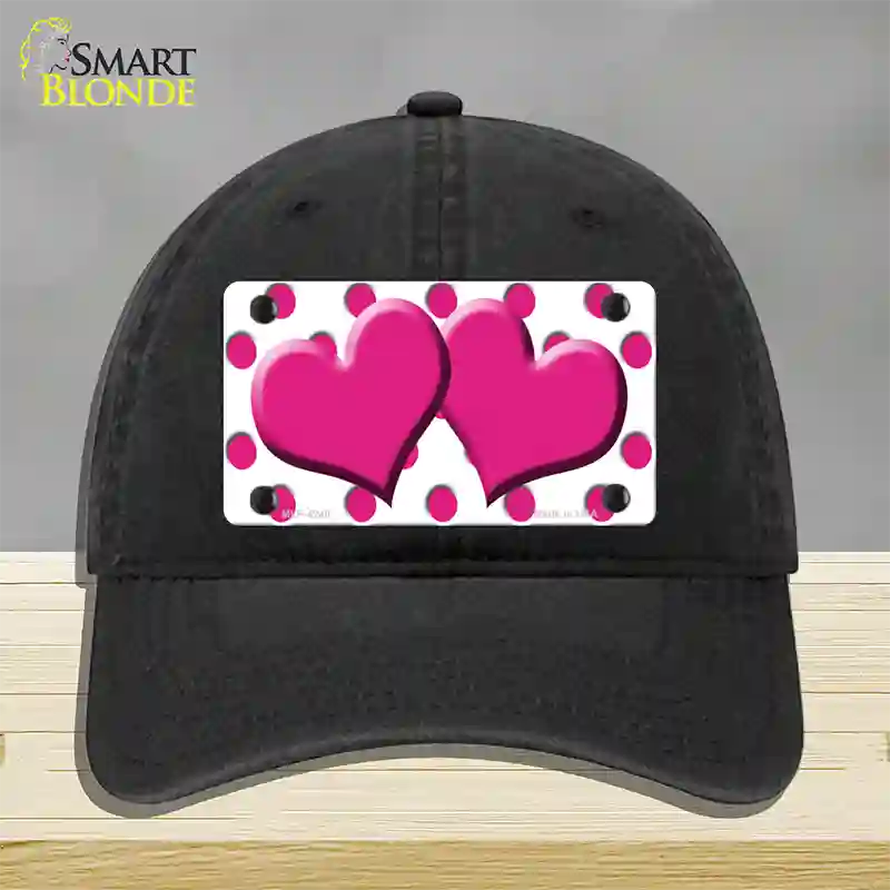 Hot Pink White Polka Dot Hot Pink Centered Hearts Novelty License Plate Hat Unconstructed Cotton / Black