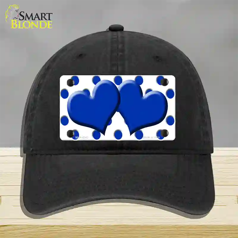 Blue White Polka Dot Blue Centered Hearts Novelty License Plate Hat Unconstructed Cotton / Black