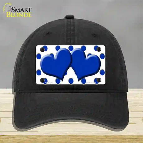 Blue White Polka Dot Blue Centered Hearts Novelty License Plate Hat Unconstructed Cotton / Black