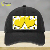 Yellow White Polka Dot Yellow Centered Hearts Novelty License Plate Hat Unconstructed Cotton / Black