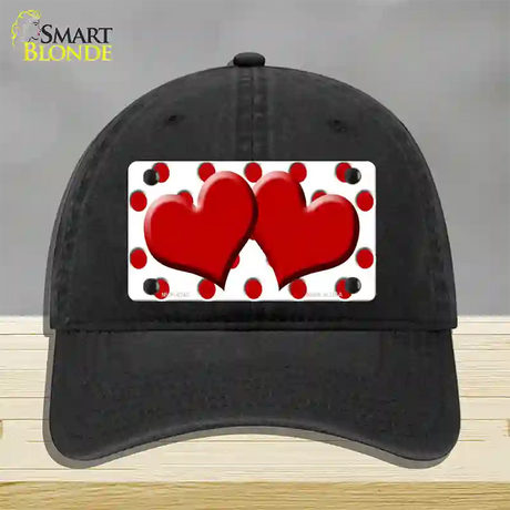 Red White Polka Dot Red Centered Hearts Novelty License Plate Hat Unconstructed Cotton / Black