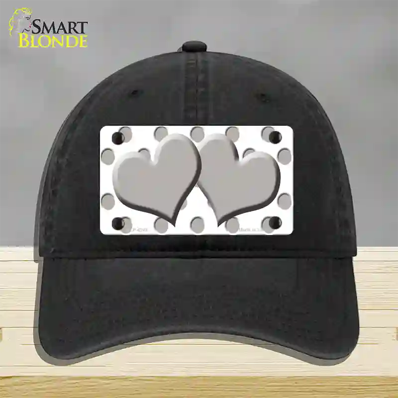 Grey White Polka Dot Grey Centered Hearts Novelty License Plate Hat Unconstructed Cotton / Black