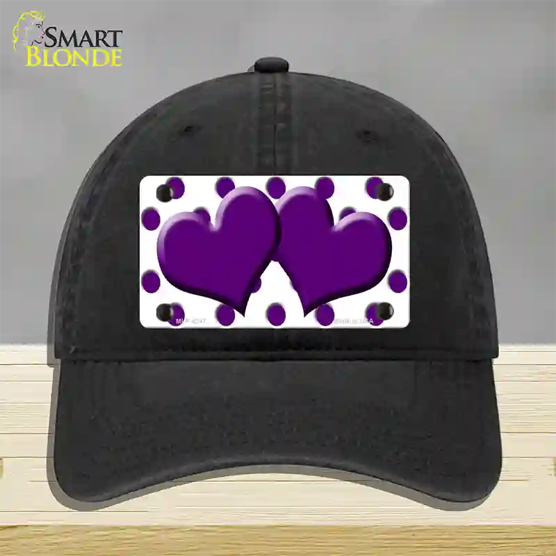 Purple White Polka Dot Purple Centered Hearts Novelty License Plate Hat Unconstructed Cotton / Black