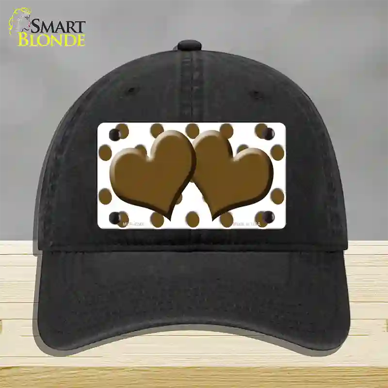 Brown White Polka Dot With Brown Centered Hearts Novelty License Plate Hat Unconstructed Cotton / Black