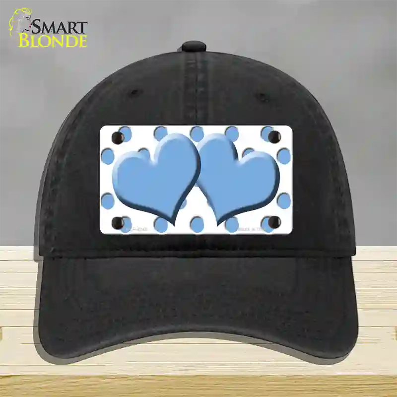 Light Blue White Polka Dot Light Blue Centered Hearts Novelty License Plate Hat Unconstructed Cotton / Black