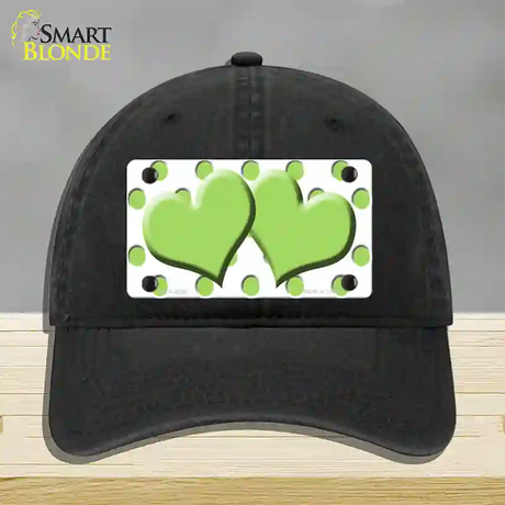 Lime Green White Polka Dot Lime Green Centered Hearts Novelty License Plate Hat Unconstructed Cotton / Black