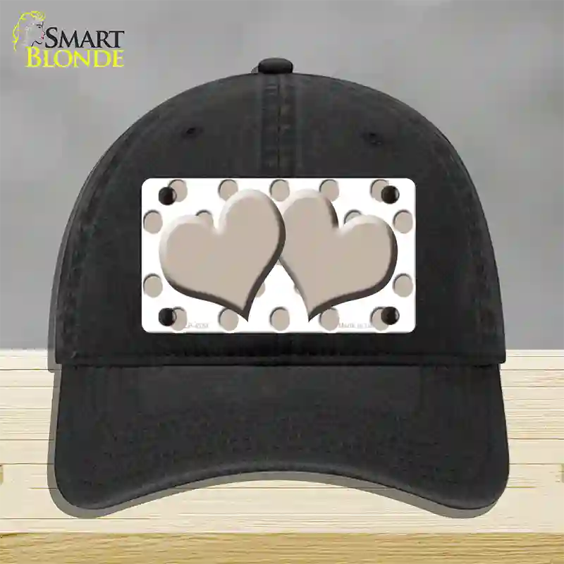 Tan White Polka Dot Tan Centered Hearts Novelty License Plate Hat Unconstructed Cotton / Black