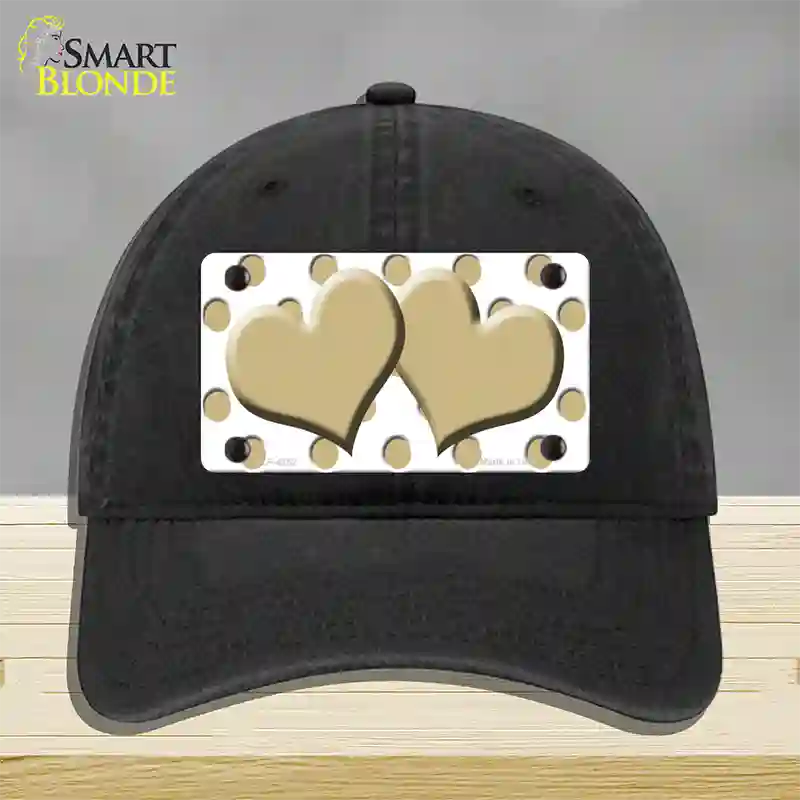 Gold White Polka Dot Gold Centered Hearts Novelty License Plate Hat Unconstructed Cotton / Black