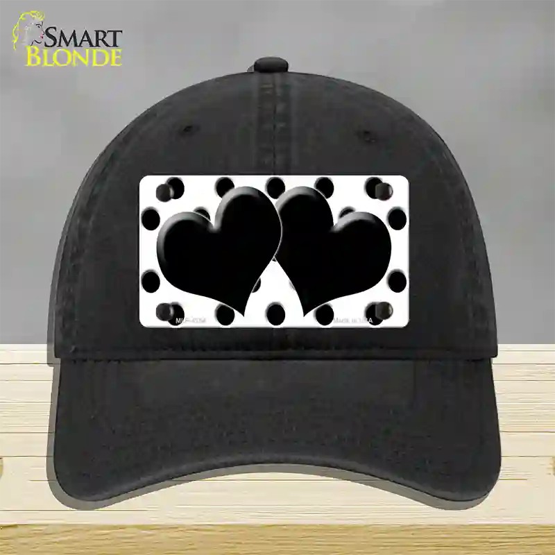 Black White Polka Dot Black Centered Hearts Novelty License Plate Hat Unconstructed Cotton / Black