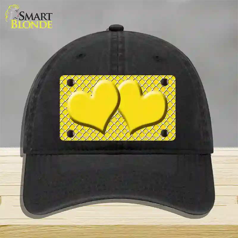 Yellow White Quatrefoil Yellow Center Hearts Novelty License Plate Hat Unconstructed Cotton / Black
