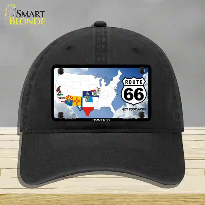 Route 66 8 Flags Clouds Novelty License Plate Hat Unconstructed Cotton / Black