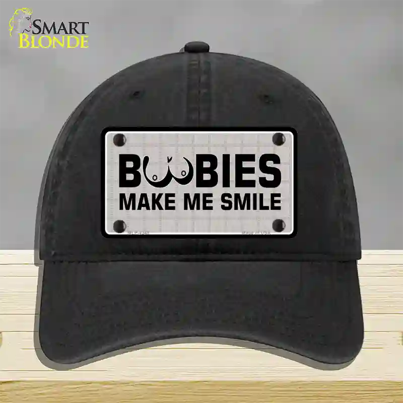 Boobies Make Me Smile Novelty License Plate Hat Unconstructed Cotton / Black