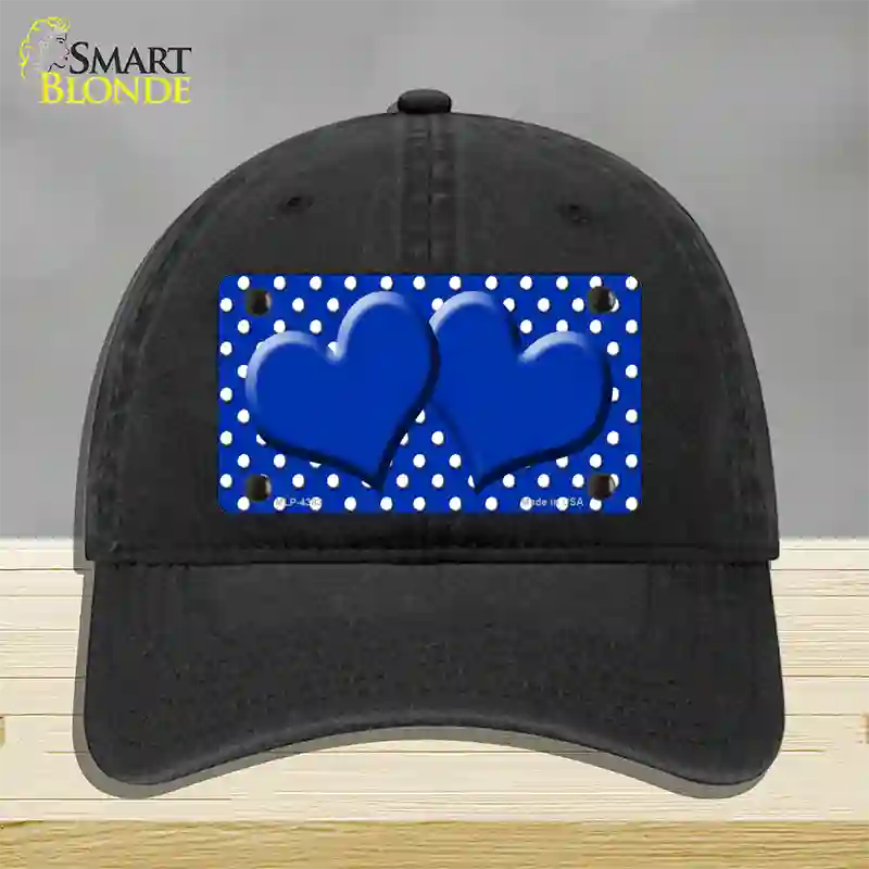 Blue White Polka Dot Center Hearts Novelty License Plate Hat Unconstructed Cotton / Black