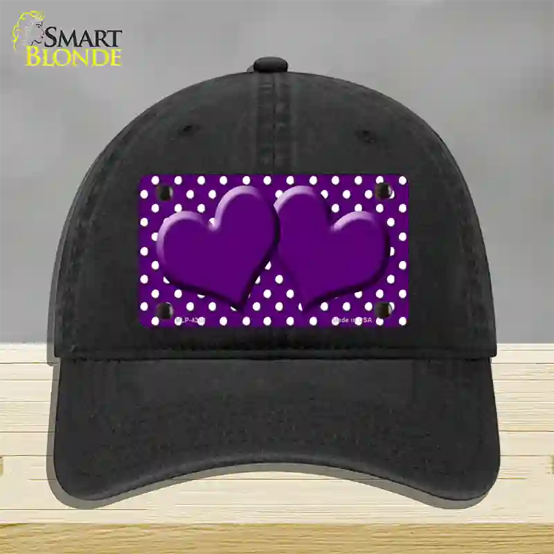 Purple White Polka Dot Center Hearts Novelty License Plate Hat Unconstructed Cotton / Black