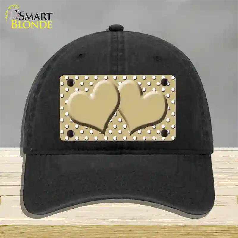 Gold White Polka Dot Center Hearts Novelty License Plate Hat Unconstructed Cotton / Black
