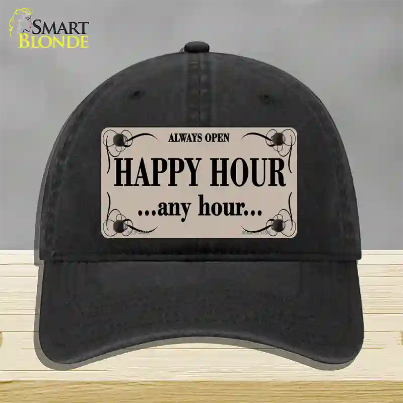 Happy Hour Any Hour Novelty License Plate Hat Unconstructed Cotton / Black