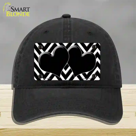 Black White Large Chevron Black Center Hearts Novelty License Plate Hat Unconstructed Cotton / Black