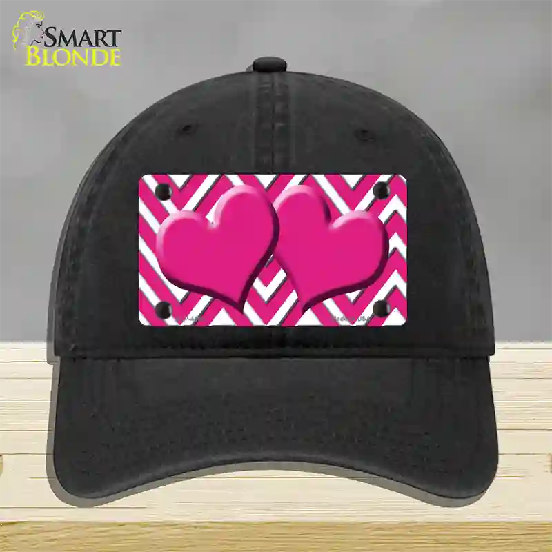 Pink White Large Chevron Hot Pink Center Hearts Novelty License Plate Hat Unconstructed Cotton / Black