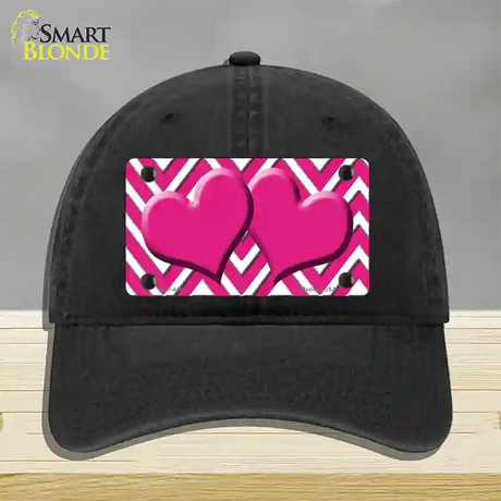 Pink White Large Chevron Hot Pink Center Hearts Novelty License Plate Hat Unconstructed Cotton / Black